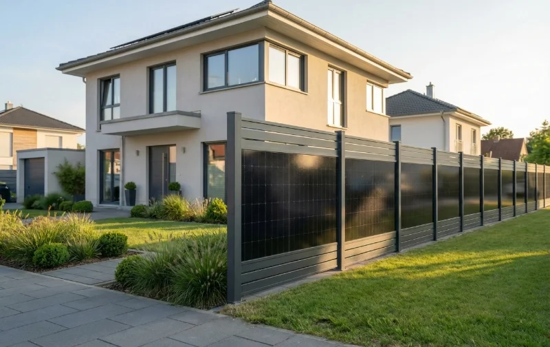 Anthrazitfarbener Aluminium-Solarzaun der Serie ALUNA als eleganter Sichtschutz in einem modernen Garten