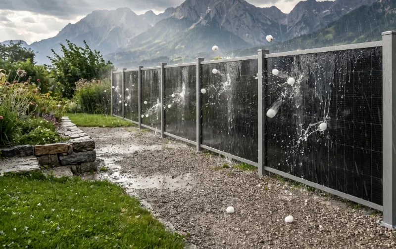 Rahmenloser Design-Solarzaun der Serie PURISTICA in widerstandsfähiger Glas-Glas-Bauweise mit Solarzellen zwischen zwei Schichten aus gehärtetem Sicherheitsglas