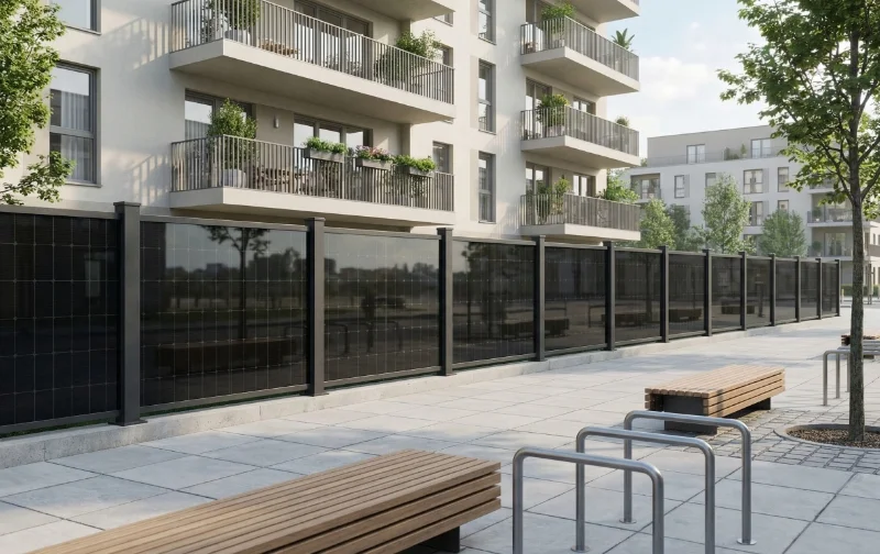 Minimalistischer Design-Solarzaun PURISTICA mit reiner schwarzer Glasfläche und schwebender Optik im Wohnquartier