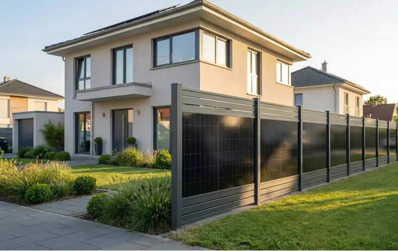 Langer falagotti Solarzaun als Großprojekt entlang einer Grundstücksgrenze – flexible Einzelelemente mit bifazialen Solarmodulen nahtlos aneinandergereiht für maximale Streckenabdeckung