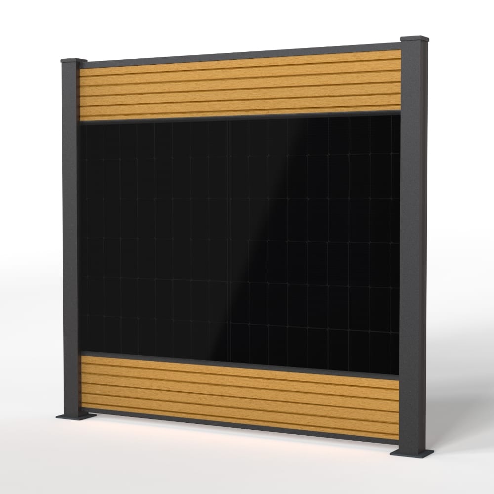 falagotti Solarzaun Eleganza in Cedar mit seitlicher Ansicht und PV-Modul