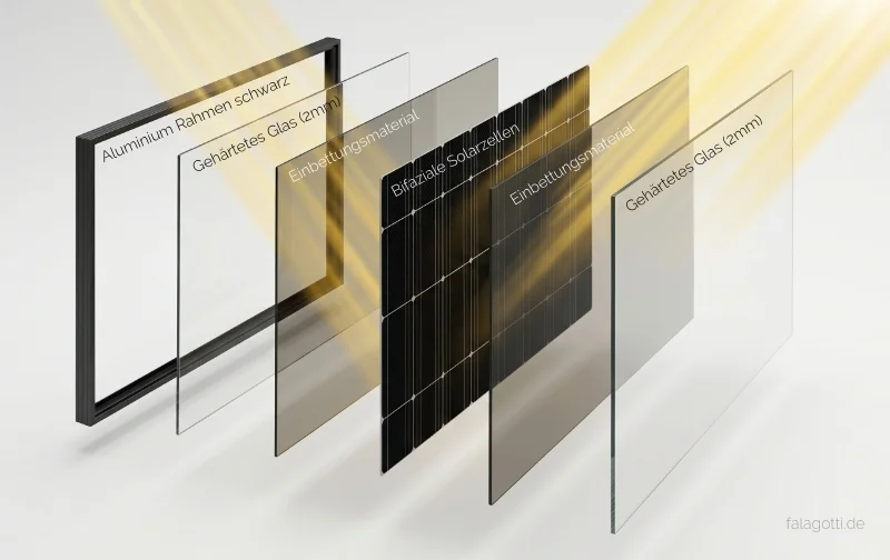 Design-Solarzaun mit bifazialem PV-Modul, das Licht von Vorder- und Rückseite in Strom umwandelt, für maximale Energiegewinnung auf voller Höhe