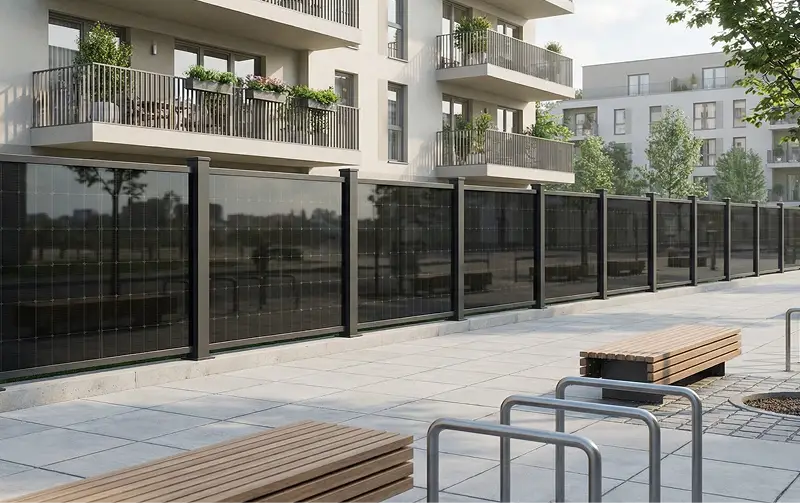 Frei planbarer falagotti Solarzaun als individuelle Grundstückseinfriedung – einzelne PV-Zaunmodule flexibel kombiniert mit passiven Zaunelementen für eine maßgeschneiderte Einfriedung