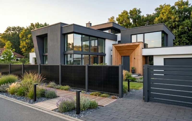 Rahmenloser Design-Solarzaun PURISTICA mit Full-Black-Oberfläche als elegantes Design-Objekt an einem modernen Architektenhaus