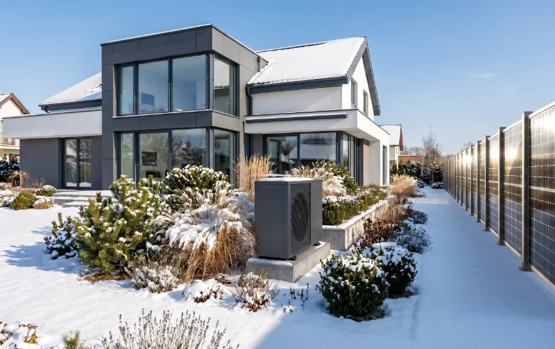 Effizienter Solarzaun mit vertikalen Modulen im Winter, an denen Schnee abrutscht und tiefe Sonne frontal auftrifft