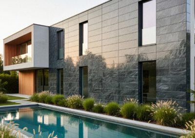 Modernes Wohngebäude mit Solarfassade in Steinstruktur – elegante Kombination aus Photovoltaik und Architektur