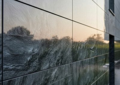 Detailansicht einer Solarfassade in Steinoptik – strukturierte Glasoberfläche mit integrierten Solarzellen